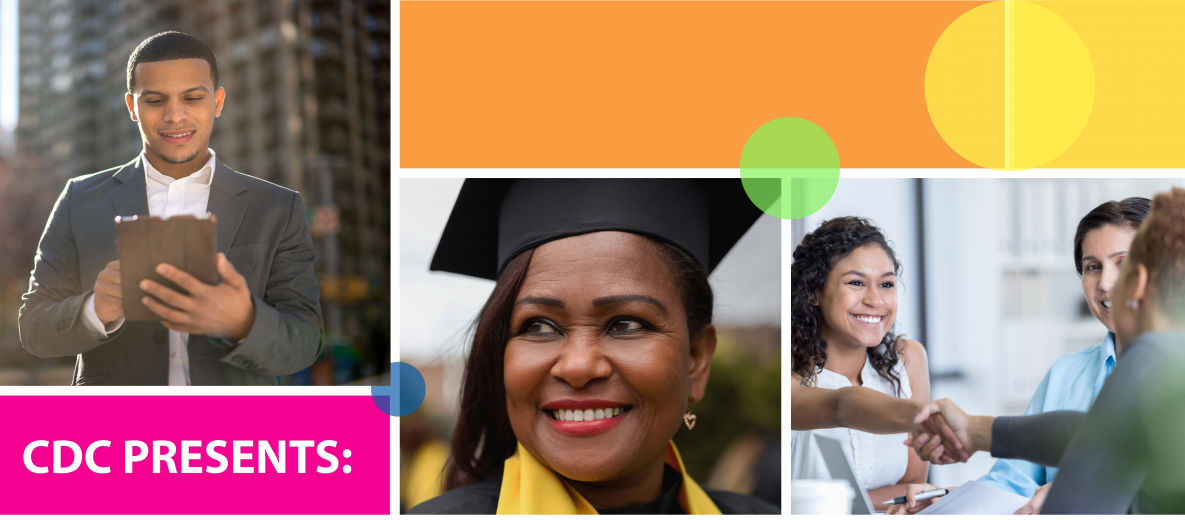 Web banner with two images of Latino and Hispanic business professionals and a Latino or Hispanic female college graduate.
