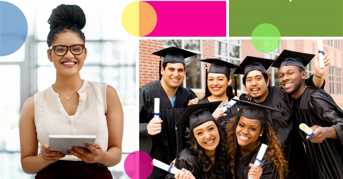 Web banner with a Latino woman holding a tablet, a diverse group of college graduates excitedly showing their diplomas.